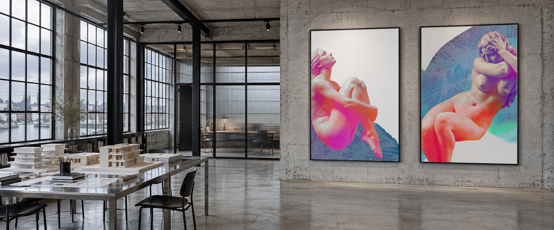 Loft z dwiema dużymi grafikami z kolekcji O Bogini