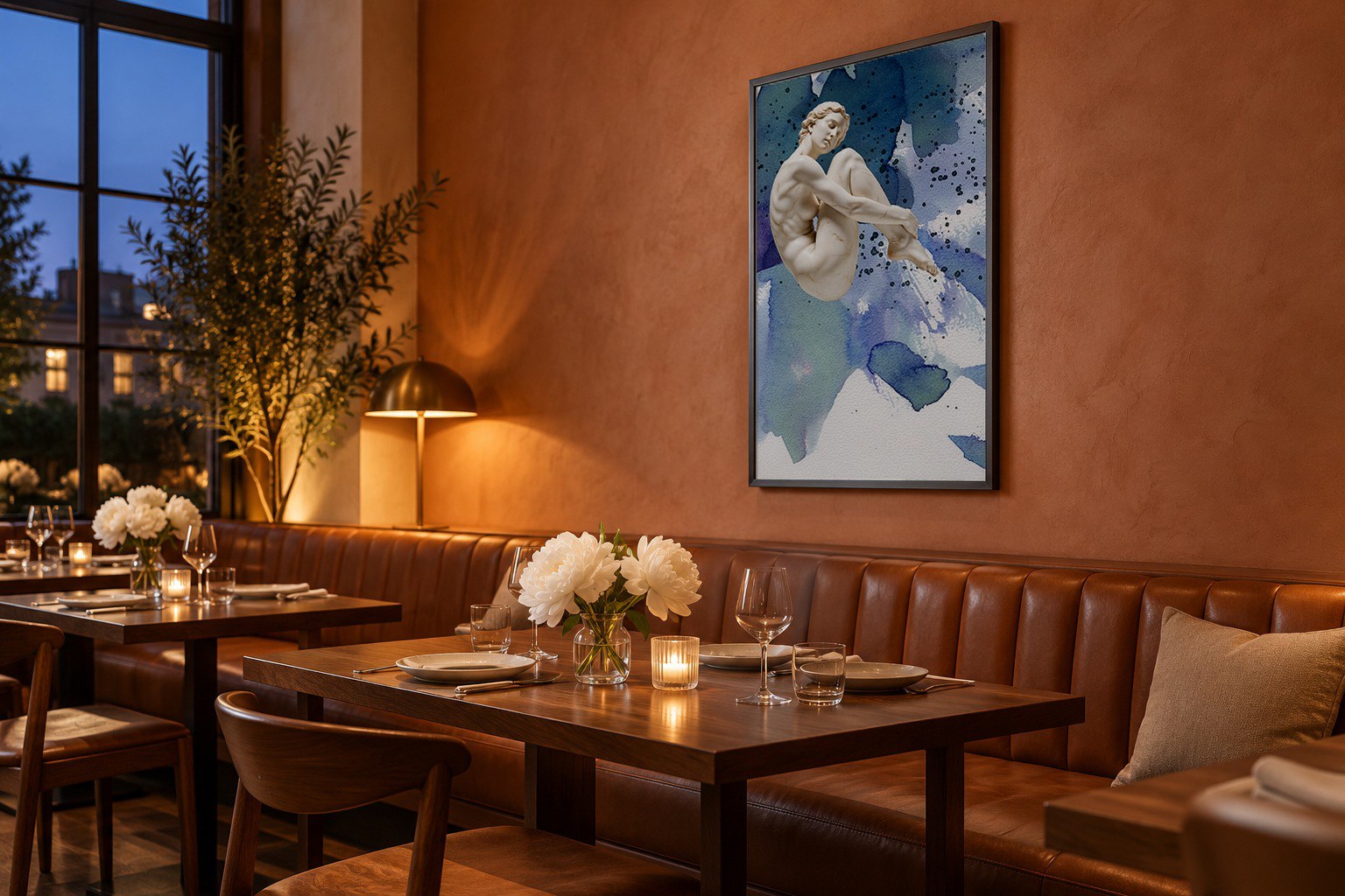 Restauracja wieczorem z grafiką z kolekcji O Bogini