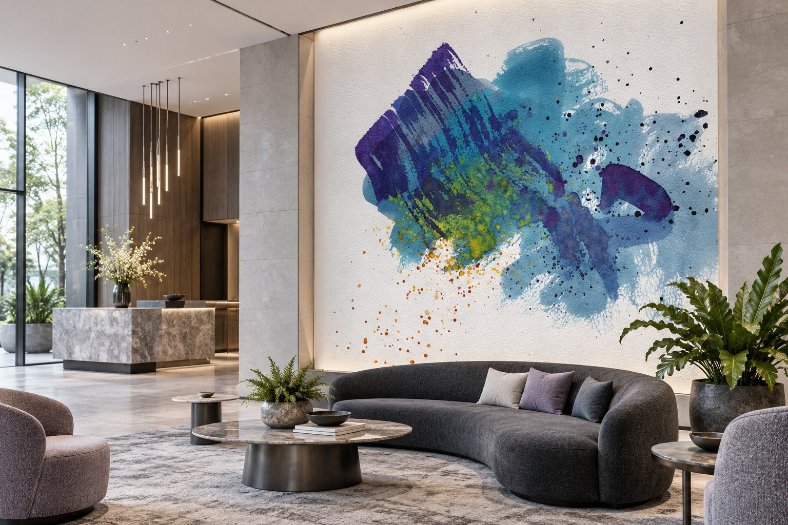 Lobby hotelowe z akwarelowym muralem