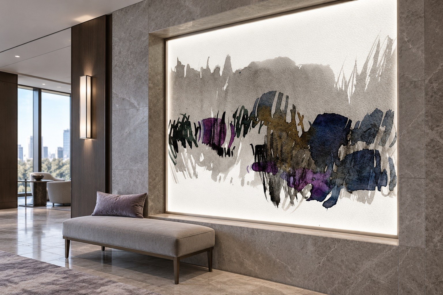 Podświetlany panel z akwarelą w hotelowym korytarzu